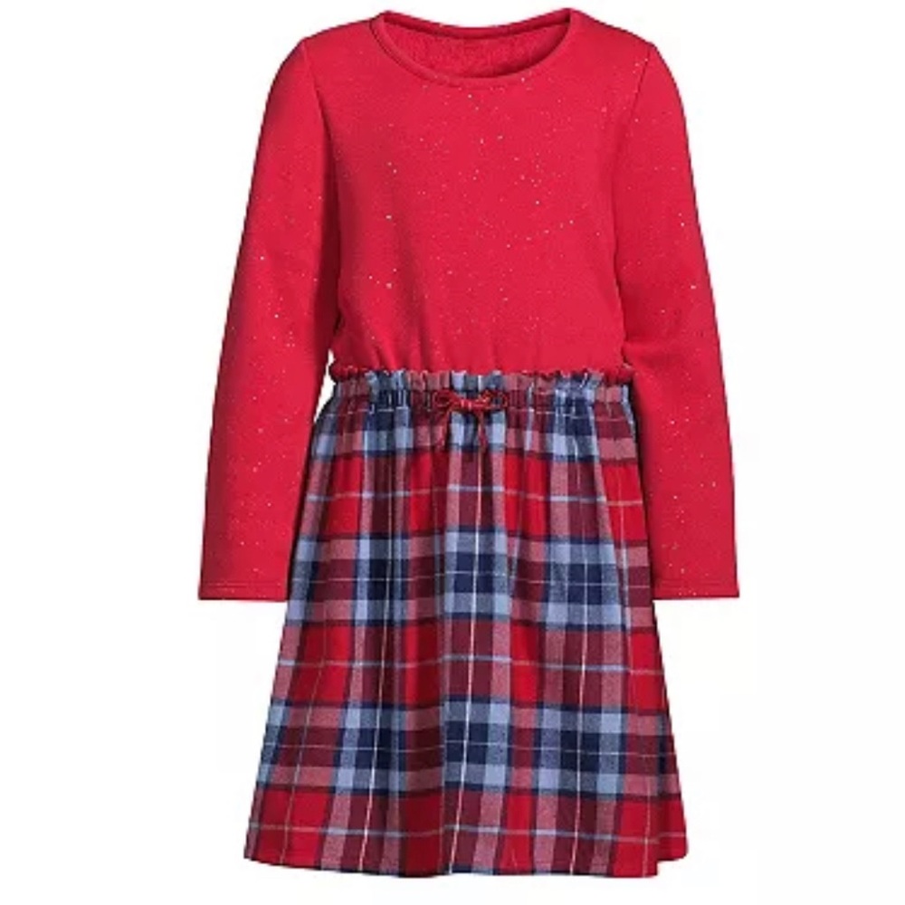 Lands’ End Girls Long Sleeve Fleece Plaid Dress, Sz M/8